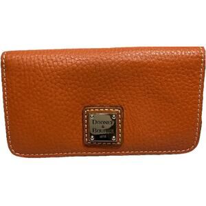 Dooney & Bourke Wallet Pebbled Leather Card Holder Orange Cognac Logo Plate EUC